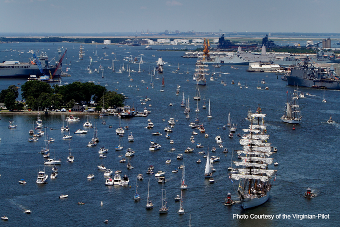 Tall ships parade of sail in Norfolk Virginia harbor